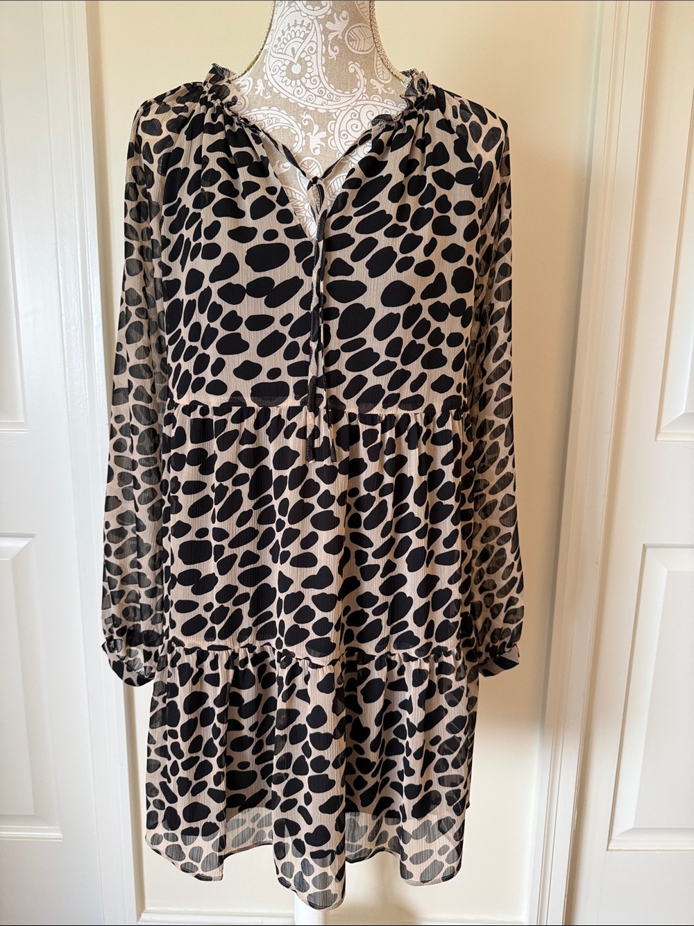 LOFT Black Spot Print Tiered Long-Sleeve Dress on Cream Base